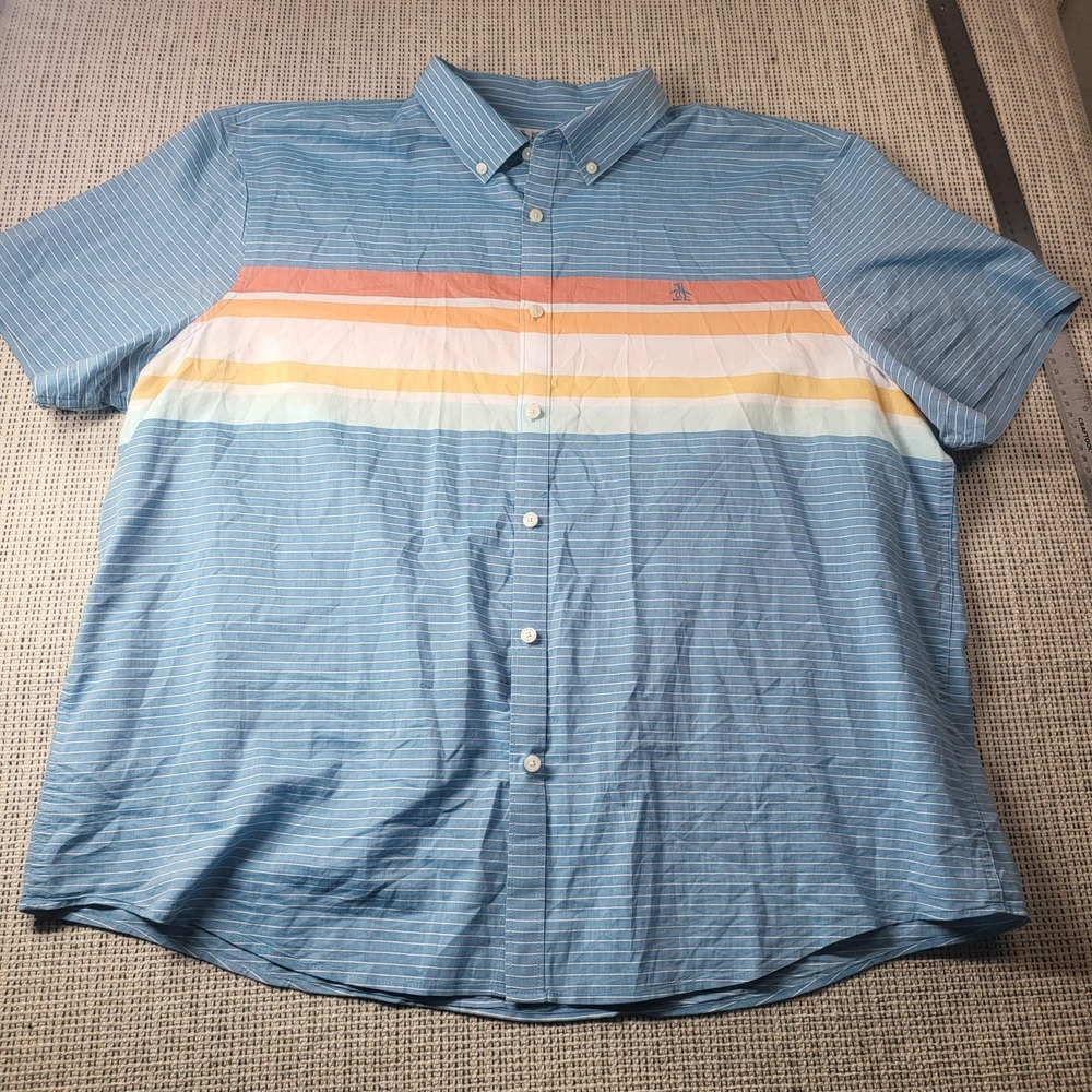 Original Penguin Shirt Mens 2XL Blue Stripe Short Sleeve Button Front Casual